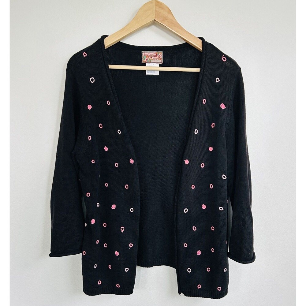 VTG April Cornell Size S Black Cardigan Pink Polka Dot Embroidery